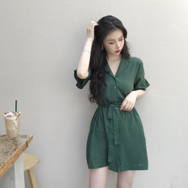 VK旗艦店 韓國風復古花邊袖西裝領短袖洋裝