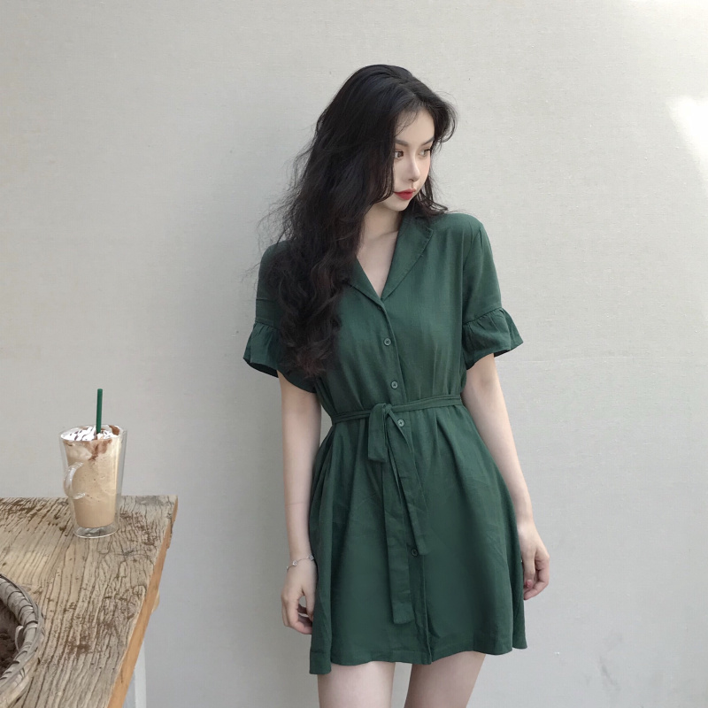 VK旗艦店 韓國風復古花邊袖西裝領短袖洋裝