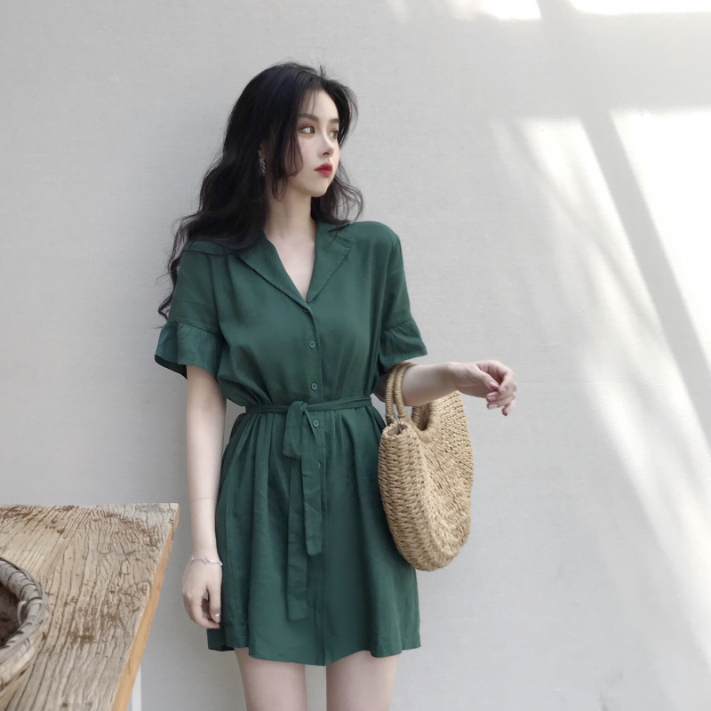 VK旗艦店 韓國風復古花邊袖西裝領短袖洋裝