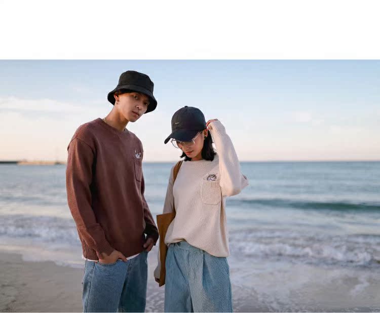 Mẫu áo nguyên bản mùa thu đông mới phiên bản Hàn Quốc của đại học gió mèo thêu thiết kế cặp áo len cổ tròn áo len nam áo len tăm dài tay
