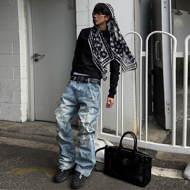 Blood Rule Blue and White Checkered Patchwork Washed Blue Studded Flared Jeans Unisex Floor-Length Ripped Pants