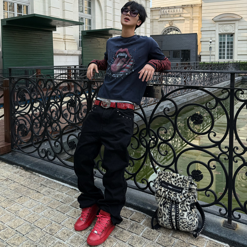 Blood Rule American Street Style Snake Print Black Denim with Asymmetrical Pockets, Rivets, Faded Black, Slightly Flared and Drapey Jeans