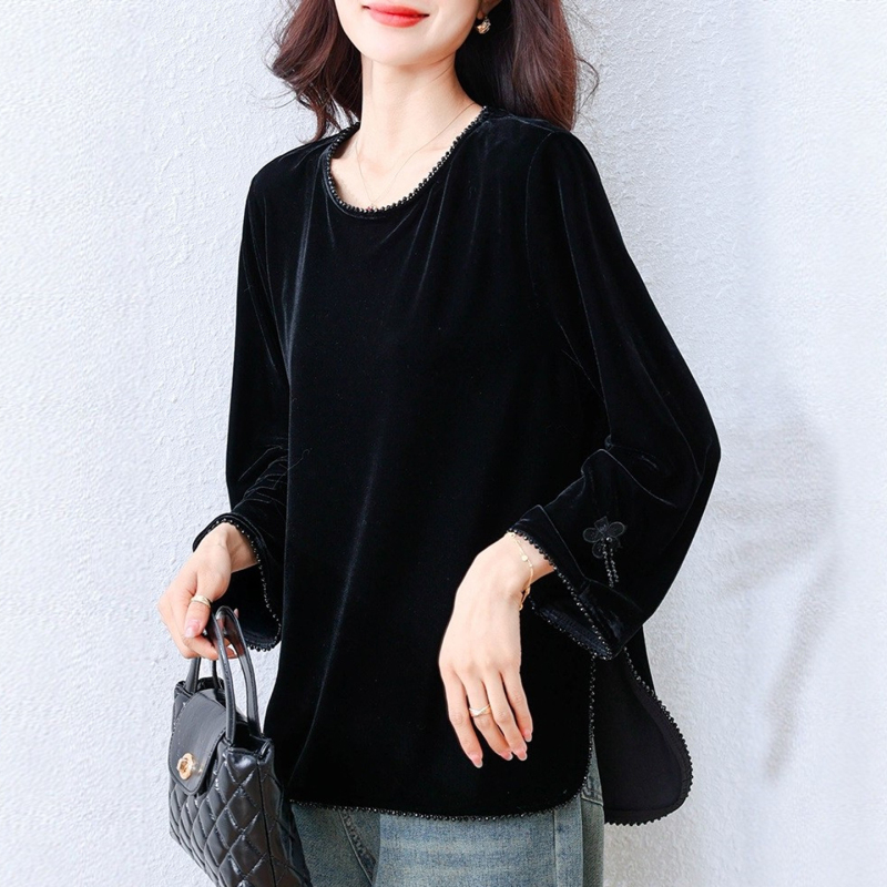 Hangzhou High-End Brand Silk Shirt for Women, Gold Velvet Long-Sleeved Blouse, High-End New Chinese Style Mulberry Silk Top
