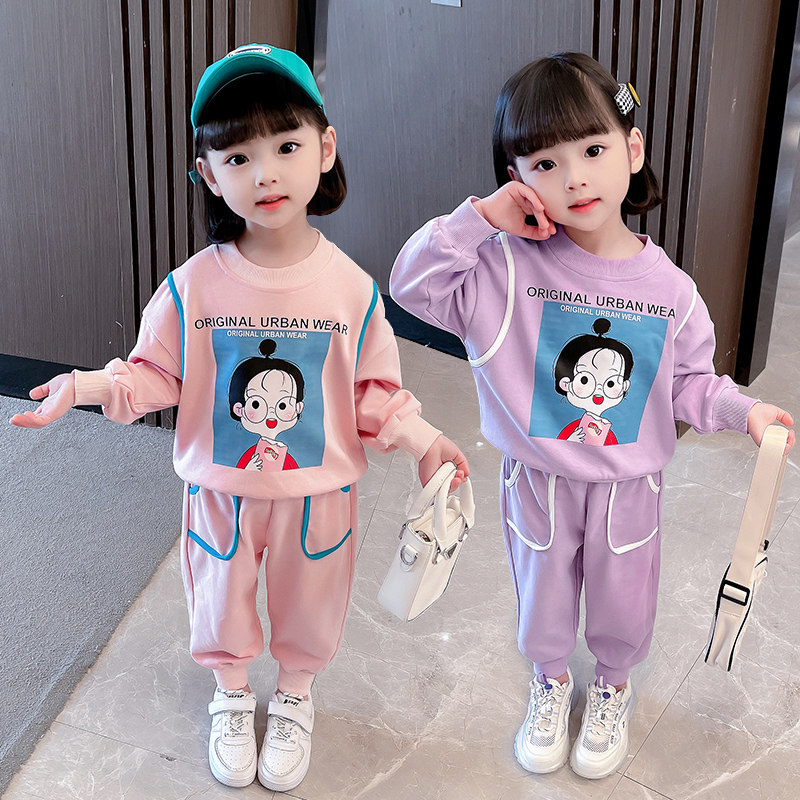 Girls' thick T-shirt suit 2022 spring clothing children's western style net red casual clothing girl baby new sportswear two-piece set