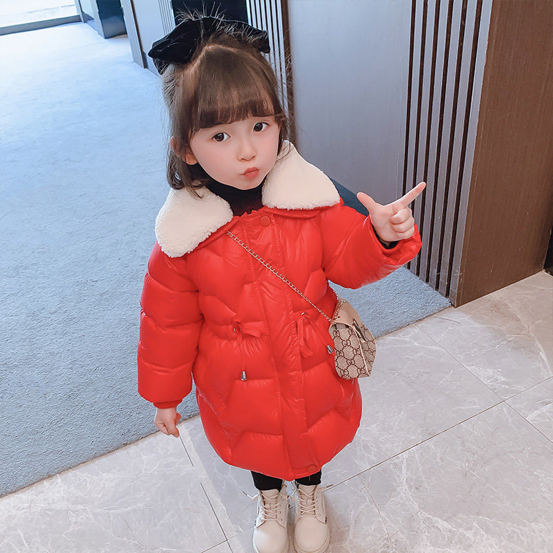 Girls thickened cotton coat winter new children's mid-length warm cotton coat female baby foreign style lapel cotton jacket coat