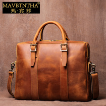 Mabinsha Mens Handbag Horizontal Retro Genuine Leather Briefcase One-shoulder Crossbody Document Computer Bag