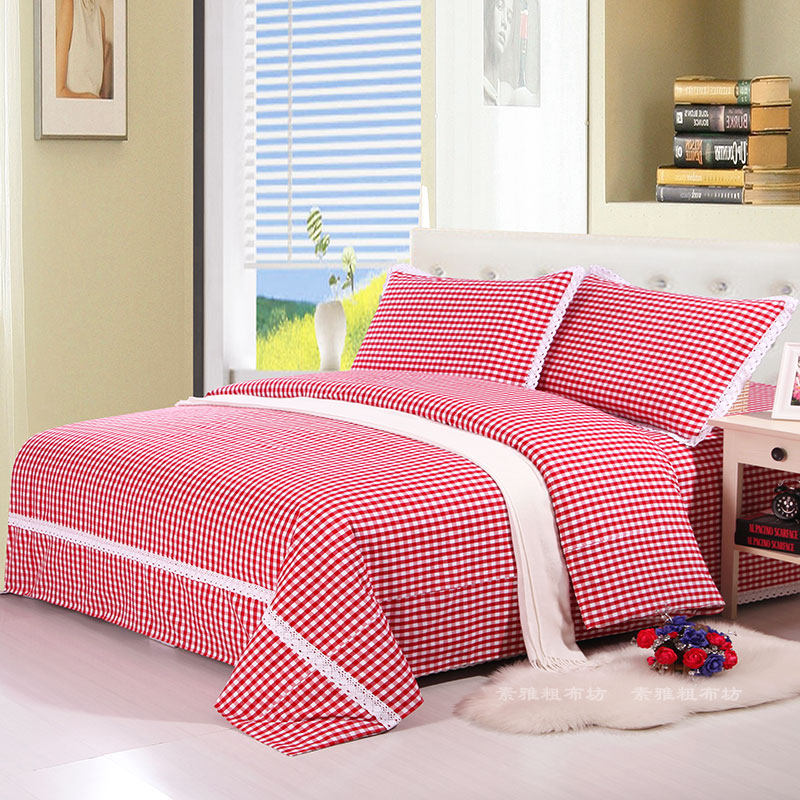 Lace pure cotton old coarse cloth plaid bed sheet pillowcase quilt cover three-piece set four-piece set single double thickening