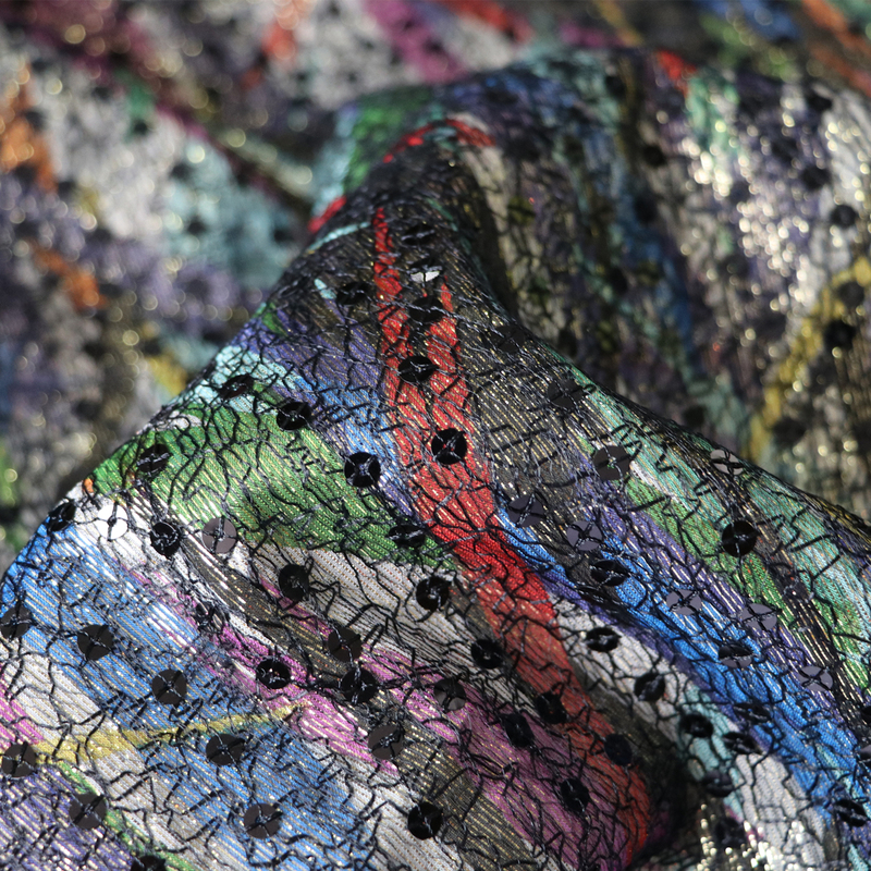 Swiss Imported Silk Gold Thread Printed Lace Sequin Embroidery Fabric for Dresses, Qipao, and Formal Wear