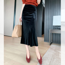 Smiling goddess 2020 autumn and winter new sweater high waist black bag hip thin velvet mid-length skirt female