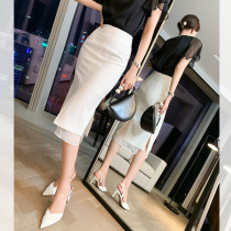 Smiling goddess commuter Korean version high waist slim bag hip split mesh stitching mid-length skirt