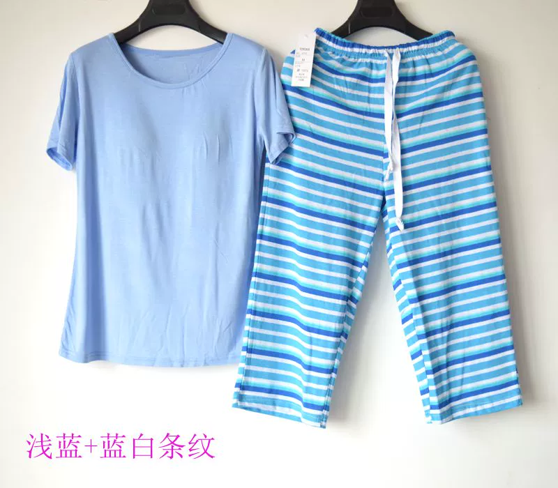 Ladies Summer Modal Tops Bông Sọc Pajama Ngắn Tay Áo Cắt Quần Đồ Ngủ Nhà Dịch Vụ Set bộ nhung thu đông