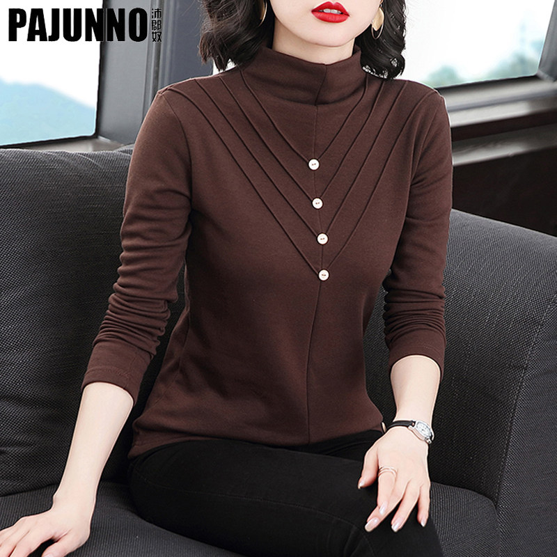 Half-height collar undershirt female spring autumn new inner lap pure color long sleeve mid-aged blouse mother foreign collar T-shirt