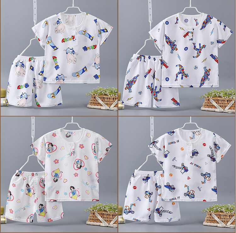 Trẻ em mùa hè cotton lụa đồ ngủ nữ bé siêu mỏng thoáng khí điều hòa không khí nhà phù hợp với nhân tạo cotton boy ngắn tay quần phù hợp với