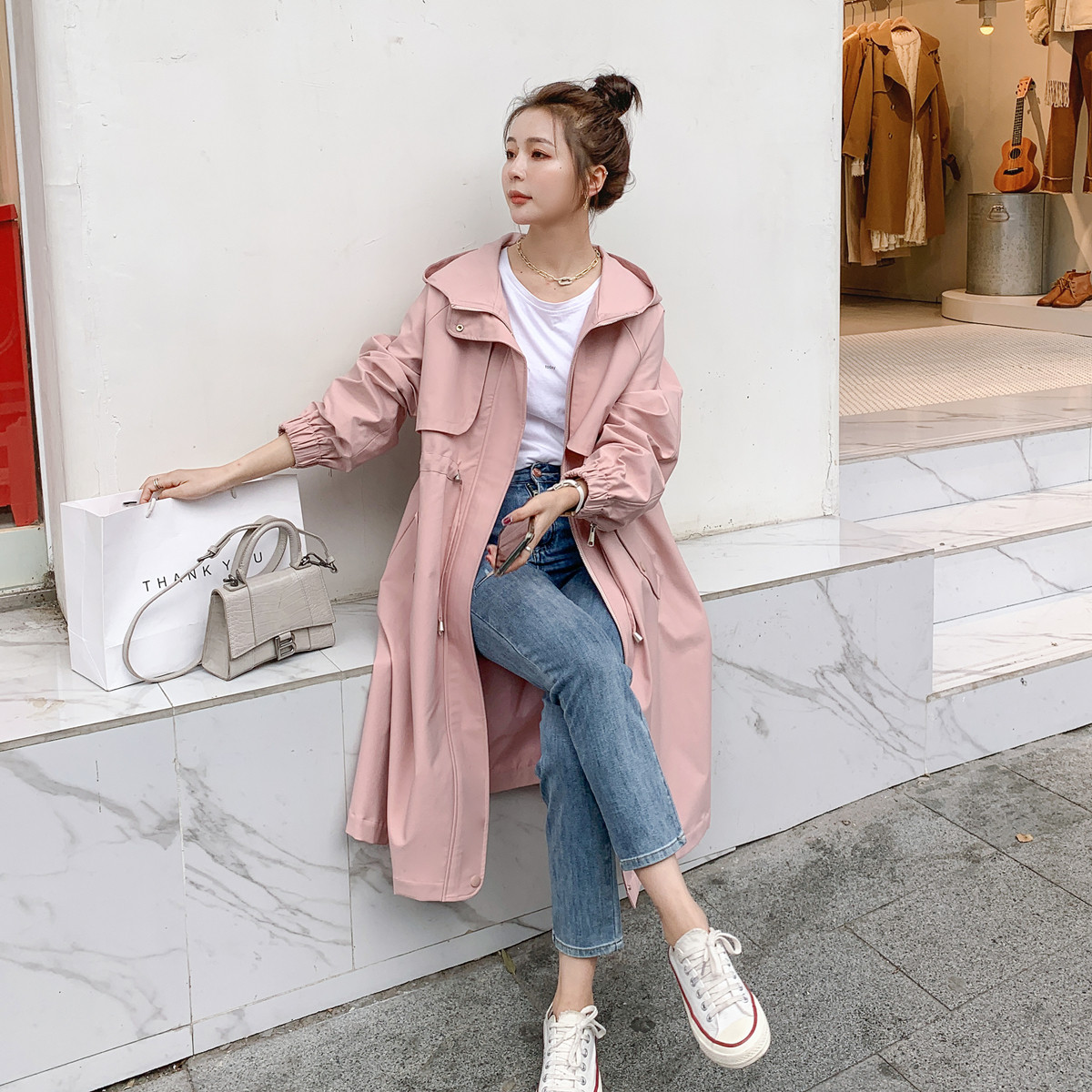 Pink windwear female spring and autumn 2023 new medium - long small small - scale waist temperament popular coat