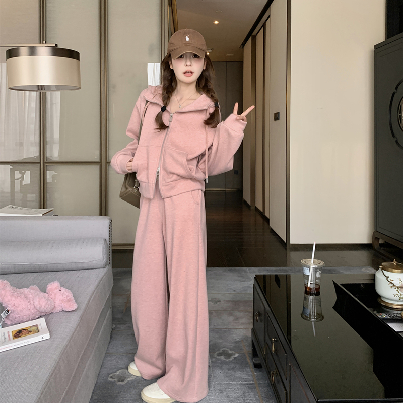Pink Casual Sports Suit for Women 2025 Spring and Autumn New Style Lazy Style Sweet Off-Shoulder Sweatshirt Wide-Leg Pants Two-Piece Set