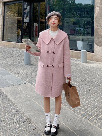 Pink Woolen Coat for Women, Autumn and Winter 2024 New Style, Korean Style, High-End, Elegant, Age-Reducing, Mid-Length Woolen Coat