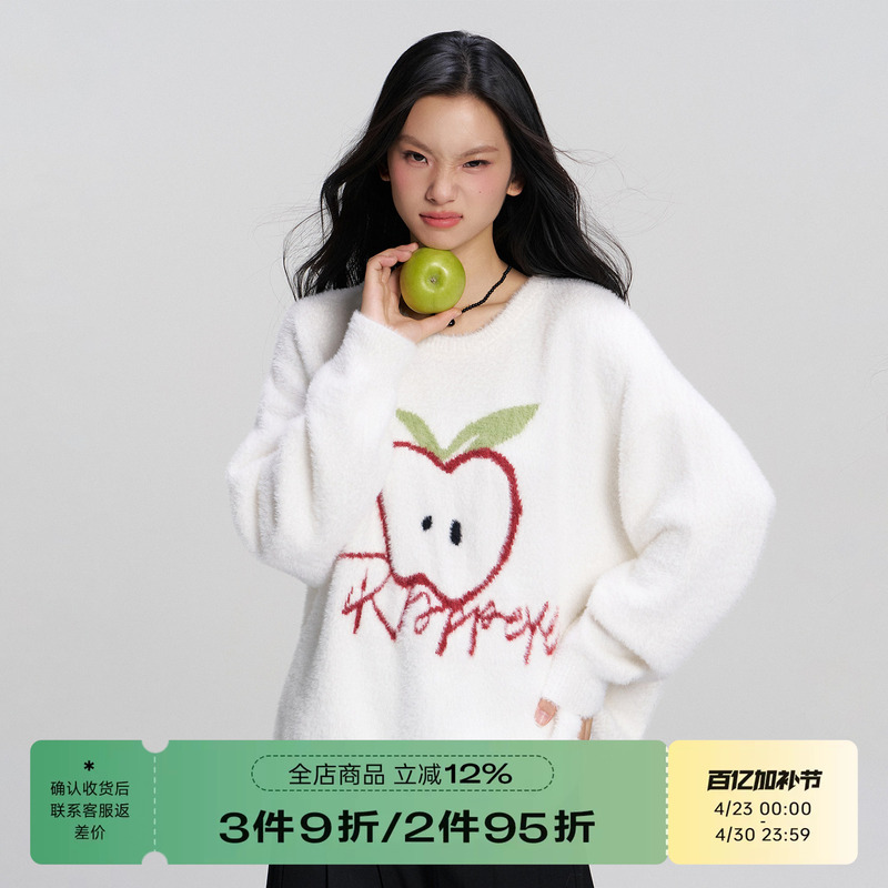 Rappeye Apple Embroidered Plush Knit Sweater Top Loose Casual Versatile Round Neck Pullover Faux Mink Sweater