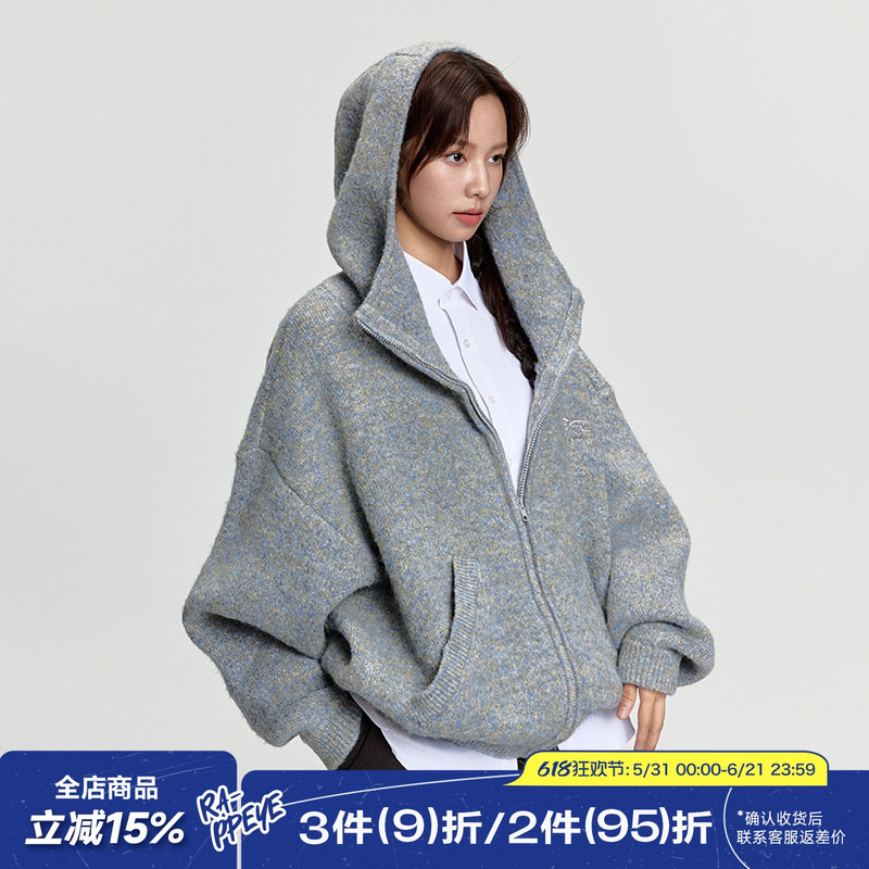 Rappeye Versatile College Style Loose Knit Hooded Cardigan Top Faux Mohair Sweater Jacket for Women