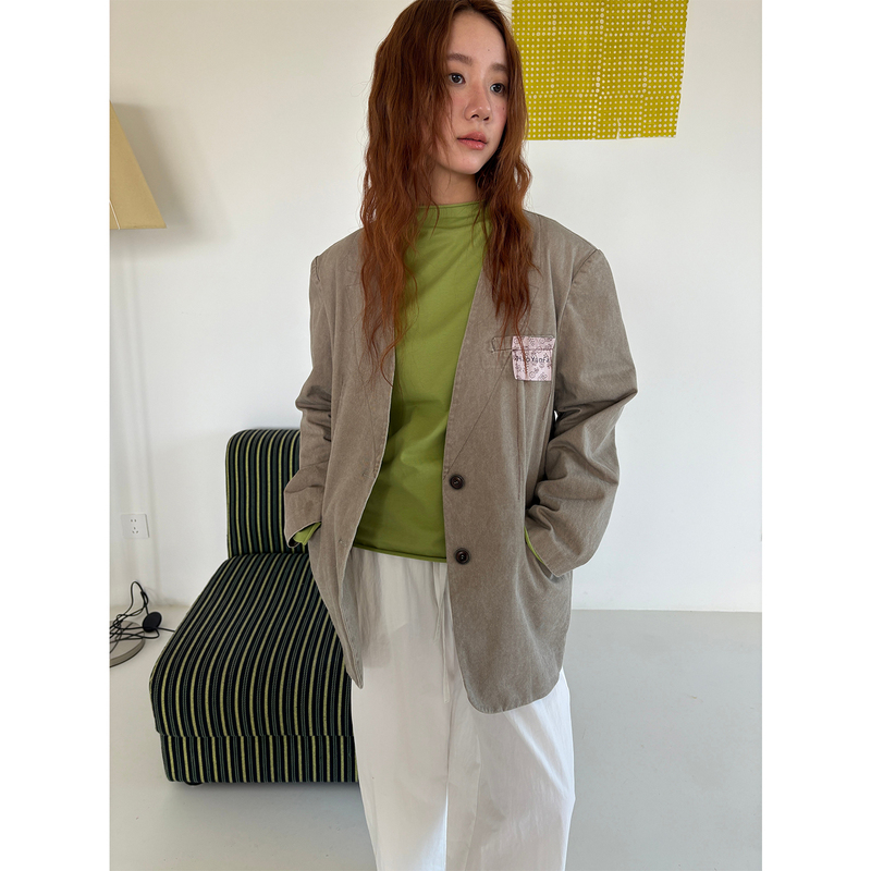 Hyffa Vintage Washed Cotton Twill Denim-Style Light Workwear Collarless Blazer