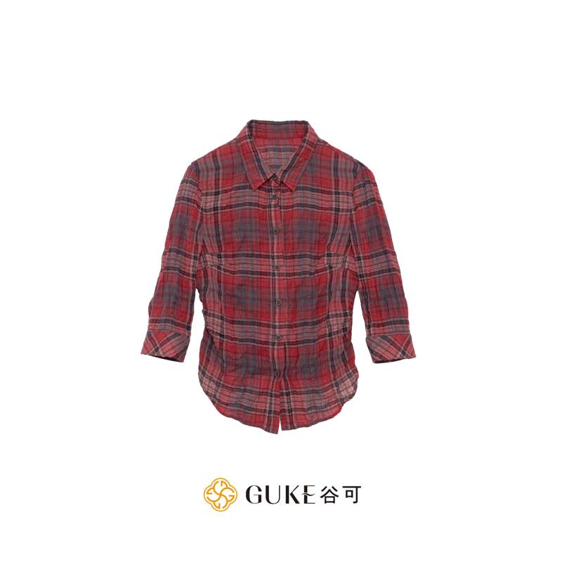 Gke Guke C5001 Casual Style Patterned Shirt for Women, Six-Quarter Sleeves, Slim Fit, Pure Cotton, Sun Protection Shirt, Red and Black Checkered Retro Gke Guke C5001 Casual Style Patterned Shirt for Women, Six-Quarter Sleeves, Slim Fit, Pure Cotton, Sun Protection Shirt, Red and Black Checkered Retro