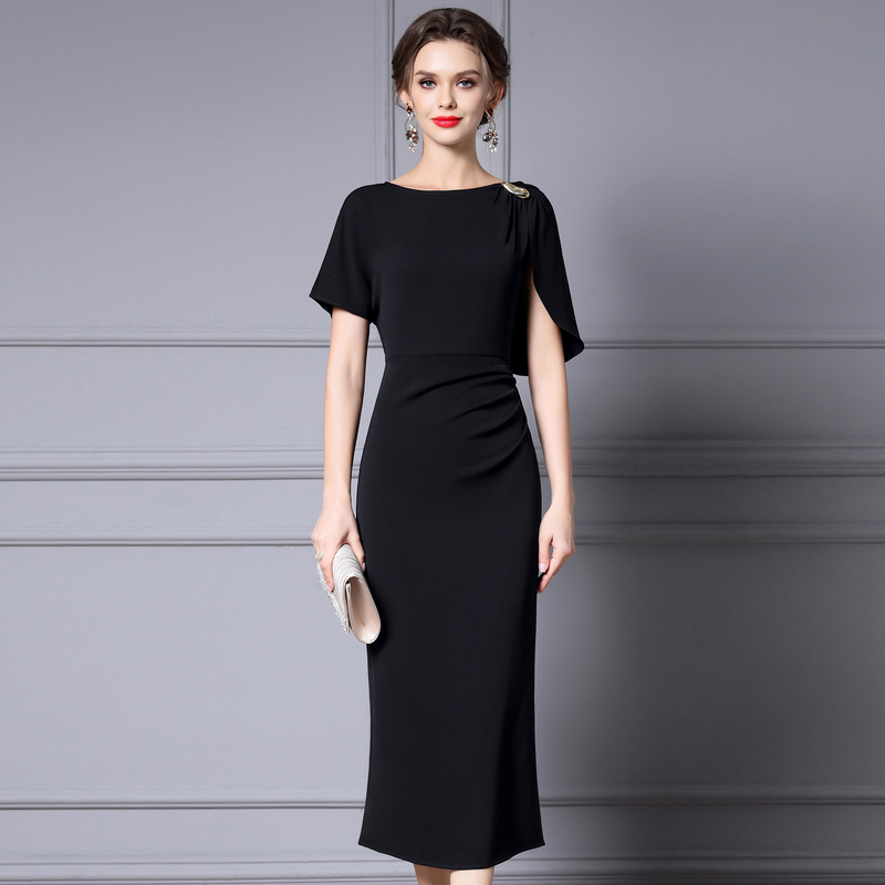 Zhilili Unique and Beautiful Waist-Cinching Dress for Women 2026 New Summer Hepburn Style Black Slim-Fit Acetate Long Dress