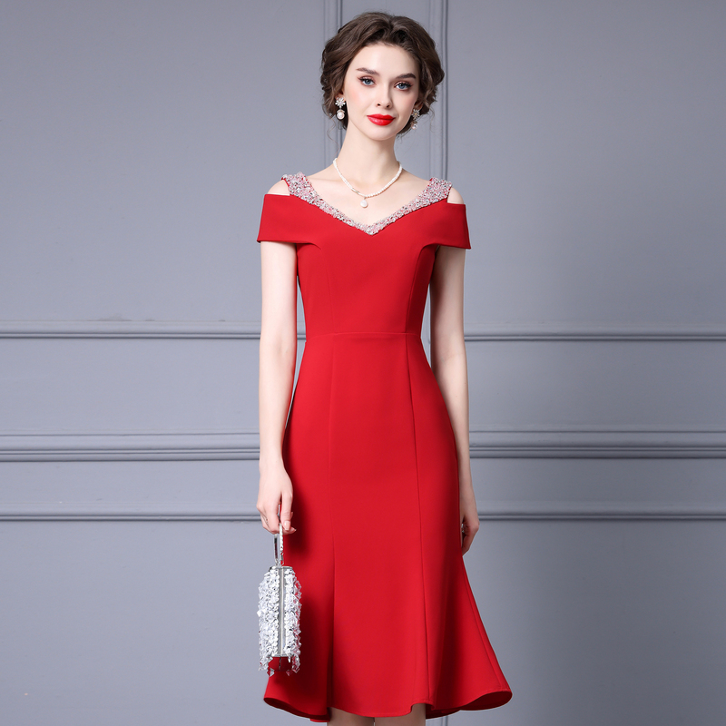 Zhiliju's Stunning Summer Dress, Red with Rhinestones, Off-Shoulder, 2026 New Summer Model, Mermaid Dress for Important Occasions