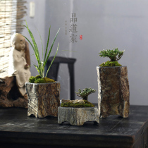Product Taoist natural stone cliff flower pot Large bluestone Bonsai vase Signed tube creative Basalt orchid pot