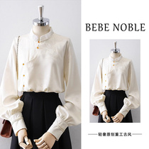 BEBE NOBLE Light luxury New Chinese style country wind retro disc buckle shirt woman long sleeve jacquard Dont stand collar shirt