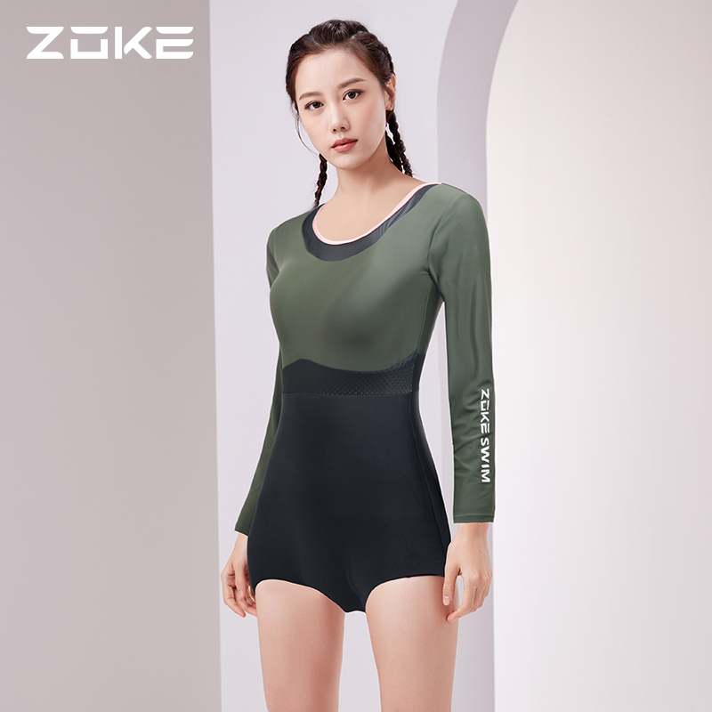 Zoke Chau Ke one-piece long-sleeved swimsuit cover belly is thin sunscreen hot spring vacation swimsuit slim black swimsuit women