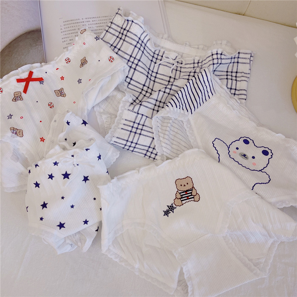 5 Packs of Pure Cotton Bear Cartoon Printing Plaid Stripe Low Waist Briefs Student Cute Sweet Antibacterial Summer
