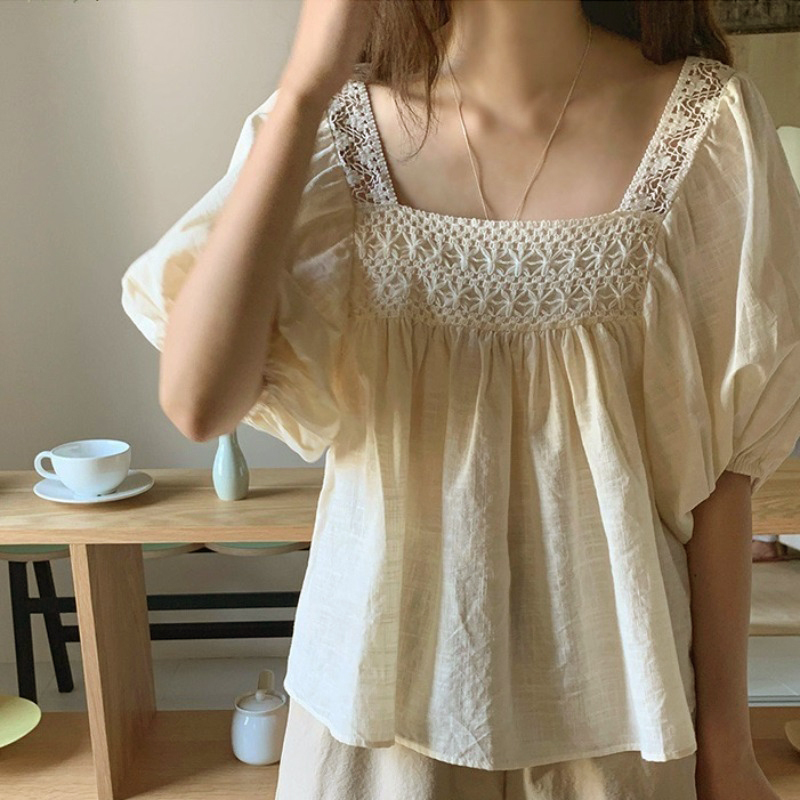 Summer Women's Clothing Korean Style New Square Neck Hollow-Out Doll Pullover Shirt with Exposed Collarbone Cotton and Linen Puff Sleeve Shirt