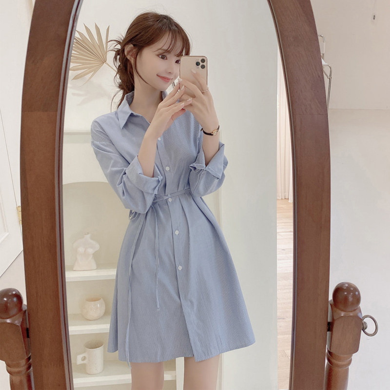 Autumn/Winter Women's Wholesale New Style Niche Fashion Slim Fit Tie Long Sleeve Striped Shirt Dress Trendy