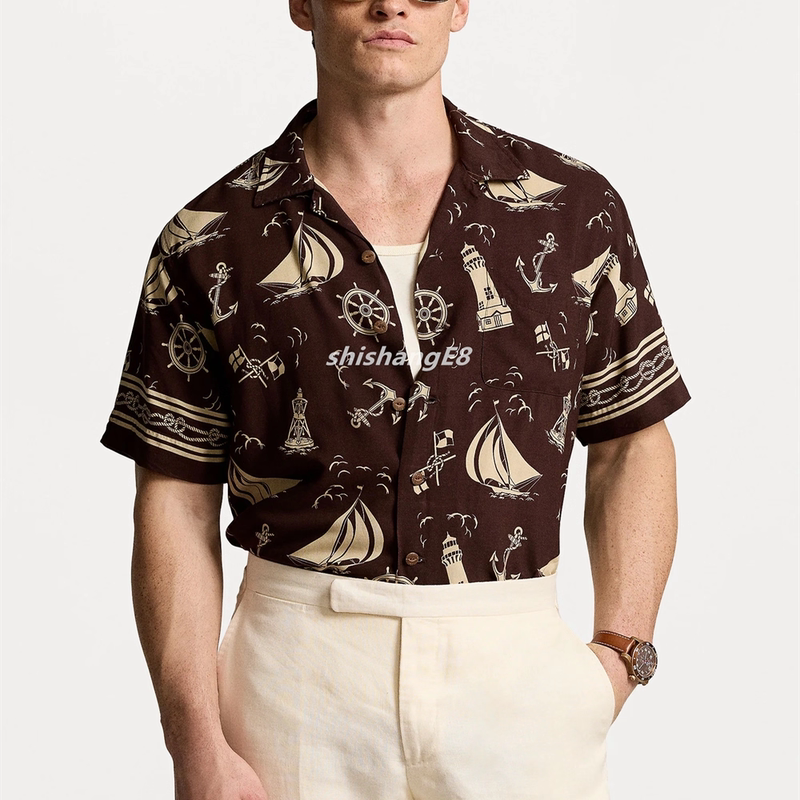 In-Stock Polo Ralph Lauren Vintage Nautical Print Viscose Short-Sleeve Cuban Shirt