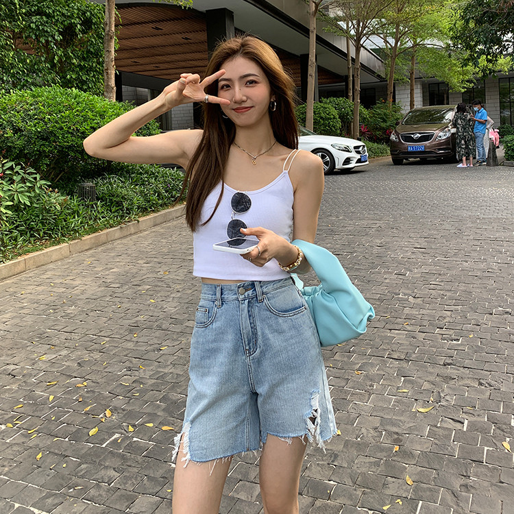 Korean denim shorts women's thin section 2022 new summer break hole high waist straight cylinder loose with slim hair side 50% pants