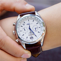 Overseas SEIKO Mens Watch SEIKO Blue Needle Belt Luminous Three Eyes Timing Quartz Watch SSB095