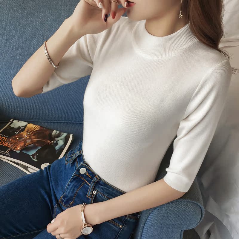 Mùa xuân 2017 thu đông mới nửa cổ cao tay áo len năm điểm nữ mỏng Phần tay áo trùm đầu mỏng áo len mùa hè quần áo nữ đẹp