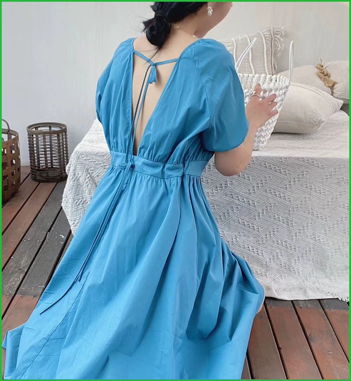 Sản phẩm mới mùa hè 2021 của Hàn Quốc tất cả phù hợp tay áo phồng dây rút thắt eo lưng cao hở lưng váy đầm dài gợi cảm - Váy eo cao