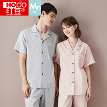  Red bean double gauze pure cotton pajamas men and women short-sleeved trousers spring and autumn and summer thin couple home clothes set