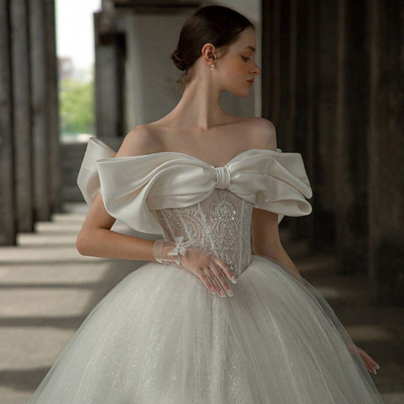 One-shoulder wedding dress 2022 new bridal main yarn high-quality texture small big tail retro big size fat mm