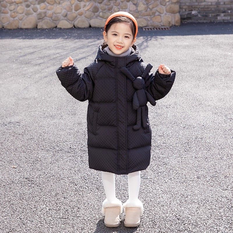 ファッドカーディガン ガールズ ミドル丈ダウンジャケット、2025年新作韓国スタイル、厚手のホワイトダックダウンを使用したスタイリッシュなアウター