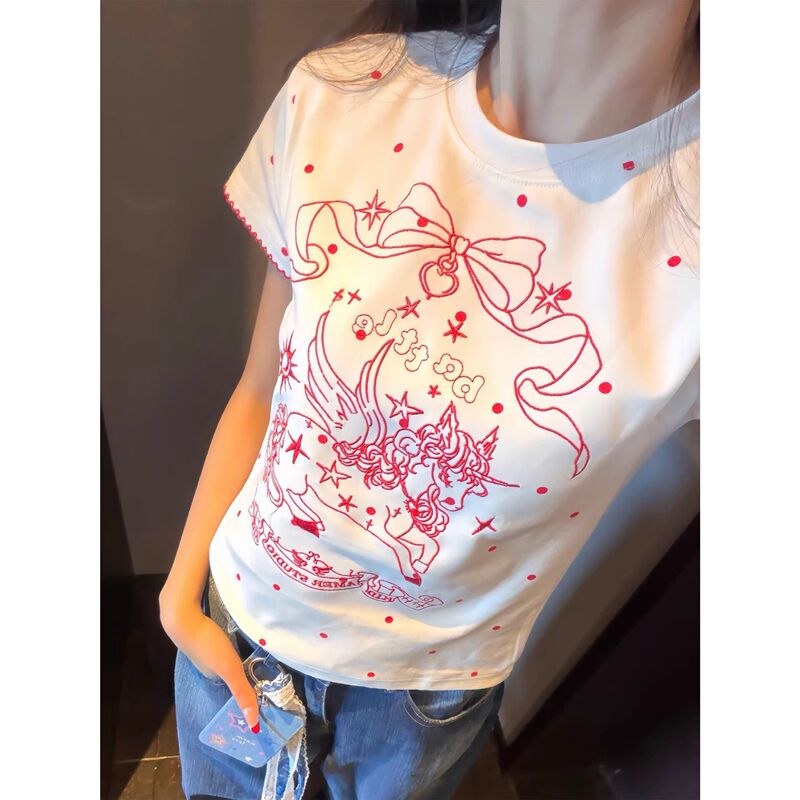 Heavy-Duty Retro Polka Dot All-Over Unicorn Print Pure Cotton Embroidered Short-Sleeve T-Shirt for Women, Trendy Brand New Slim-Fit Regular Shoulder Top
