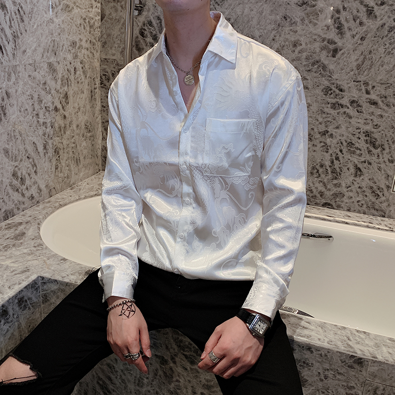 South Korea Autumn Design Sensation Light Lavish Embroidered White Long Sleeve Shirt Male Korean version Body Tide Card Retro Temperament Fancy Shirt