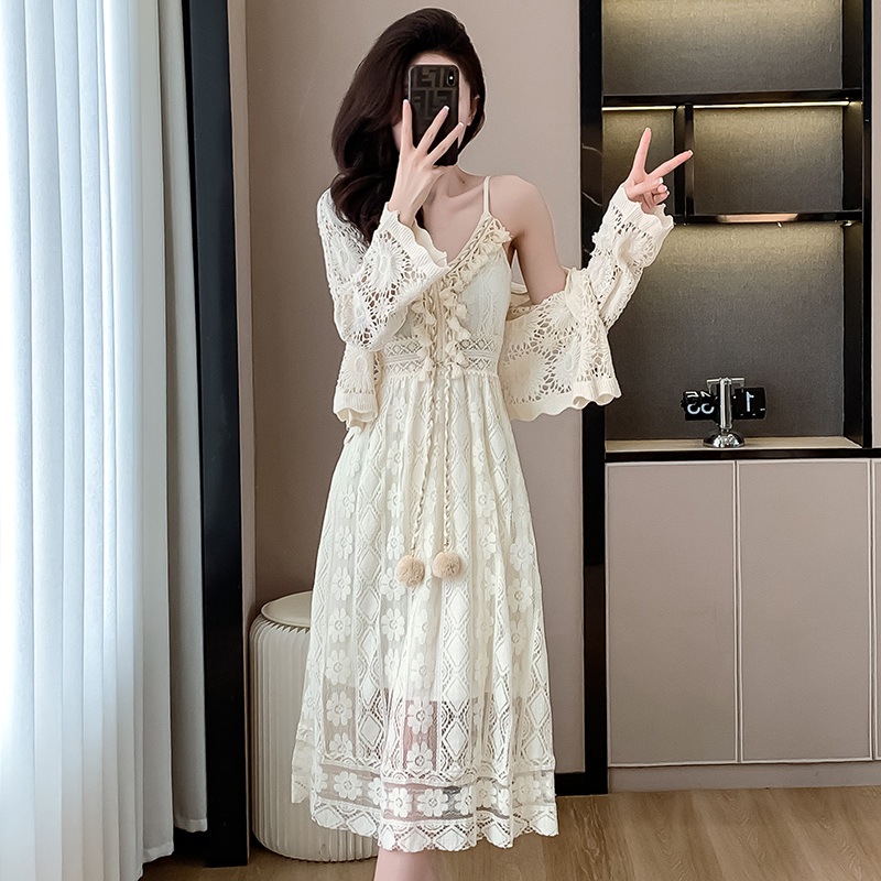Bohemian Lace Suspender Dress Cardigan Two-Piece Suit for Women Spring and Summer Ethnic Style Seaside Vacation Long Dress