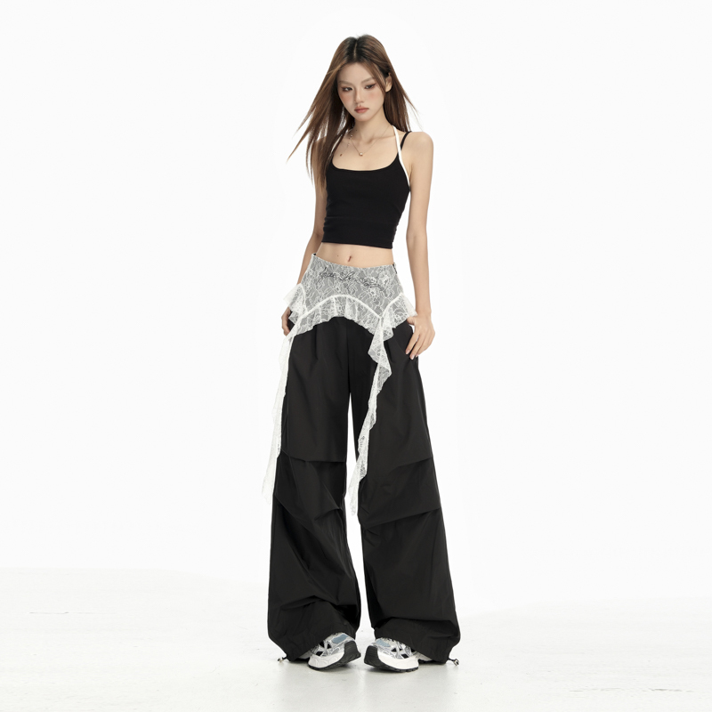 Spicy Girl Style Lace Patchwork Loose Wide-Leg Pants for Women, Summer Thin High-Waisted Faux Two-Piece Quick-Dry Casual Pants
