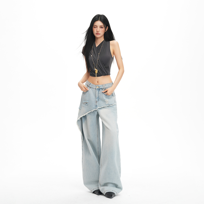 Asymmetrical Design Irregular American-Style Jeans for Women 2026 Summer New Style Fake Two-Piece Layered Ripped Wide-Leg Pants