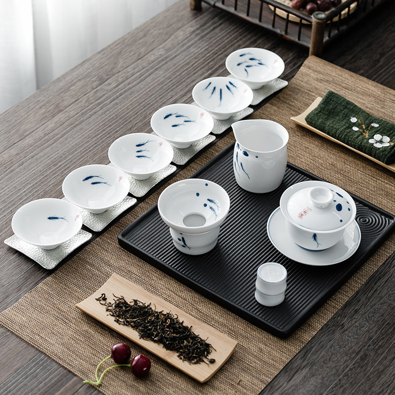 Jingdezhen white porcelain hand-painted tea set Set of tea tea tasting cup Gongfu tea tasting tea drinking cup lid bowl cover bowl minimalist ceramic gift box dress