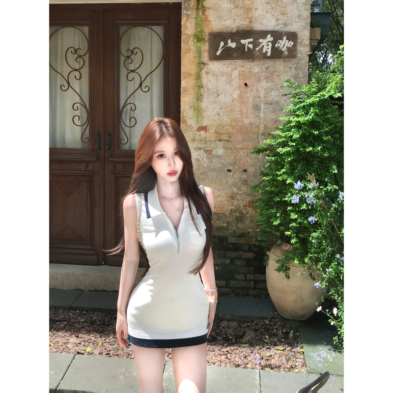 Mejiu Mi Jiu [Late Summer White] Korean-Style Preppy Sleeveless Dress for Women with Polo Collar and Elegant Bodycon Skirt