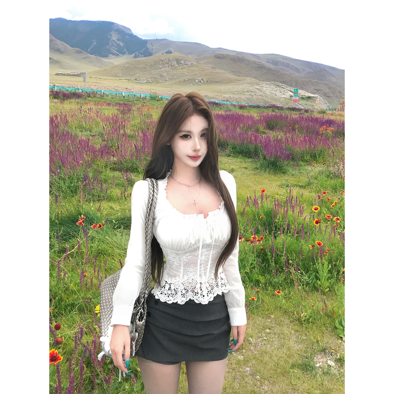 Mejiu Honey Nine【Ink Plum Against White】Pure Desire Hot Girl Hollow Lace Shirt Women's Autumn Design Outerwear Top