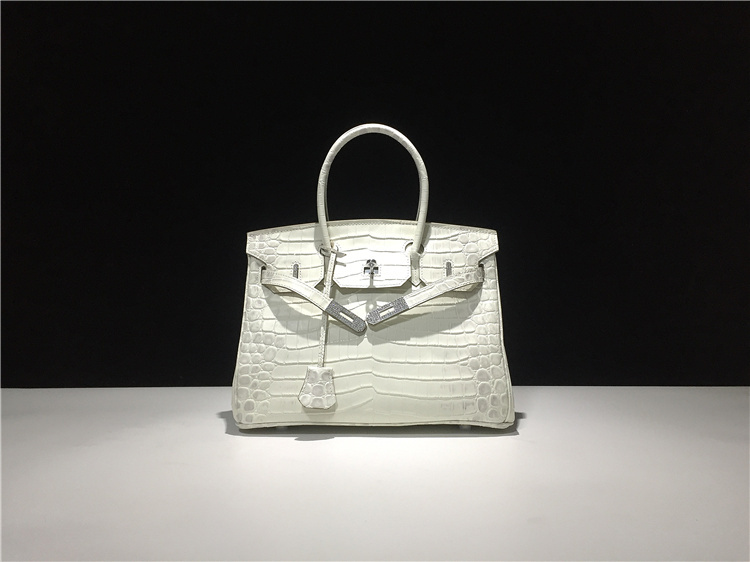 Genuine Leather Handbag, Shoulder Bag, Crossbody Bag, Classic Summer Large-Capacity Diamond-Encrusted Silver Buckle Crocodile Pattern Himalayan White Platinum Bag