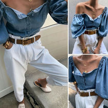 Off-the-shoulder lantern sleeve denim shirt